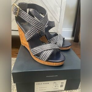Cole Haan Jillian Wedge Sandal in Navy Blue and white.
